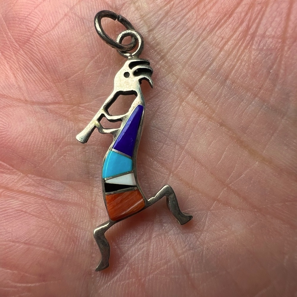 Turquoise Multi Gemstone Inlay Kokopelli Sterling Silver 925 Necklace Pendant